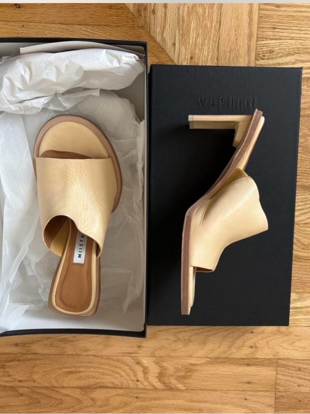 Miista Cream Leather Slide Sandals with Low Block Heel